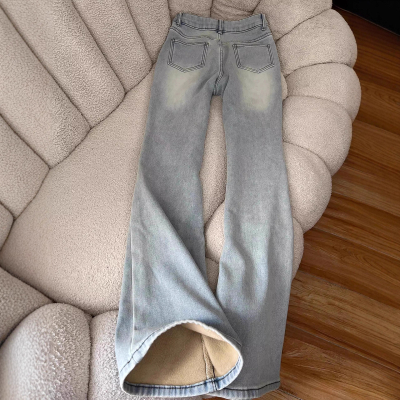 Bootcut traperice s flis podstavom, visokim pojasom, pamuk materijal, jesen-zima 2025