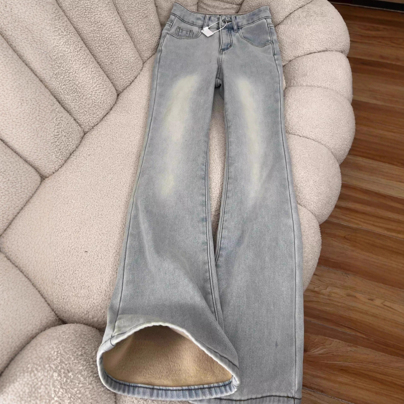 Bootcut traperice s flis podstavom, visokim pojasom, pamuk materijal, jesen-zima 2025