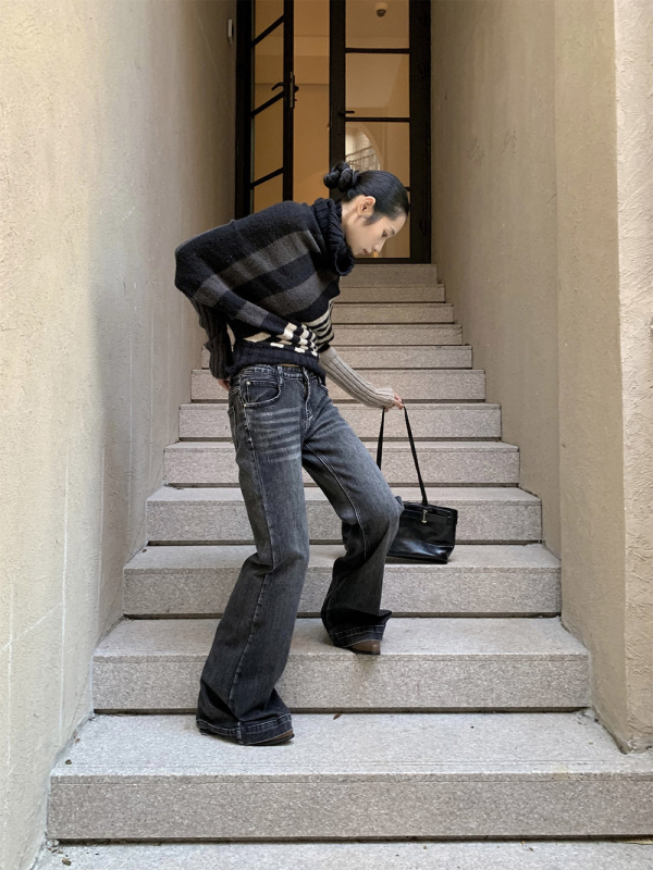 Ženske bootcut traperice - retro američki ulični stil, denim, 70–80% pamuka, niska do srednje visine struka, jesen 2025