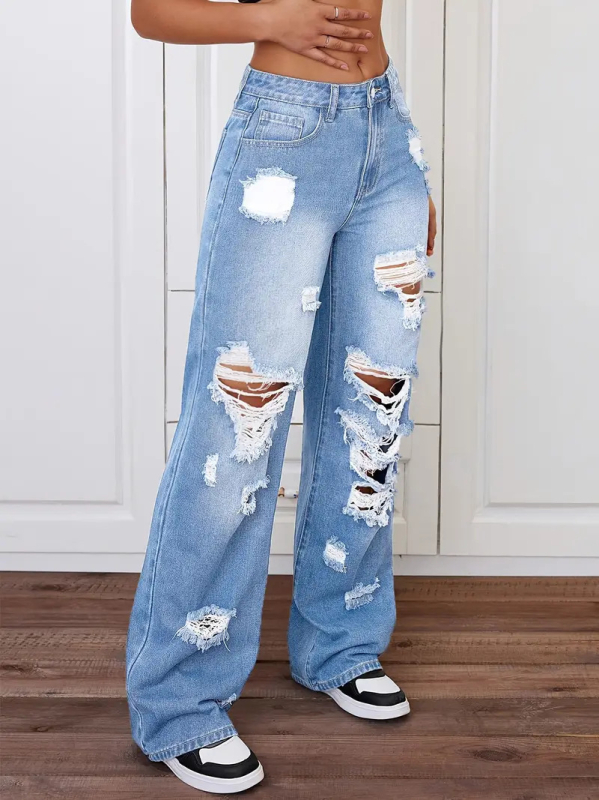 Ženske traperice visokim strukom, širokih nogavica, razderane denim s pranjem, sa zipom; pamuk-poliester smeša (50–70% pamuk, 30–50% poliester)