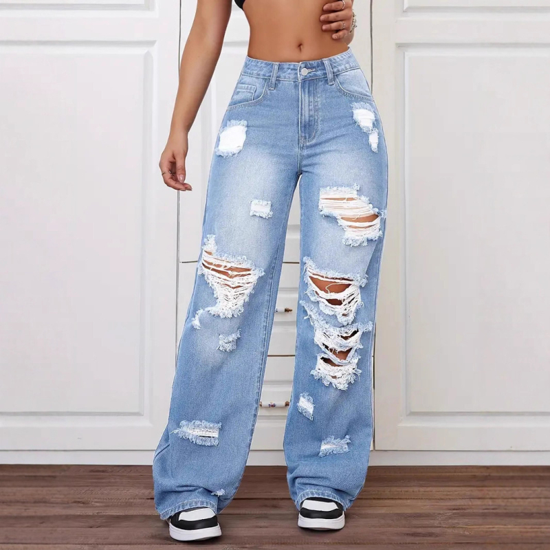 Ženske traperice visokim strukom, širokih nogavica, razderane denim s pranjem, sa zipom; pamuk-poliester smeša (50–70% pamuk, 30–50% poliester)
