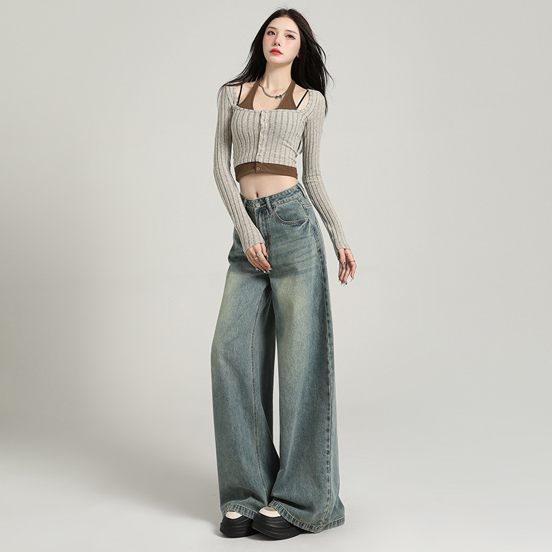 Ženske traperice širokih nogavica, visokim strukom, denim s 90–95% denima i poliestera, gradski stil, jesenska kolekcija 2025.