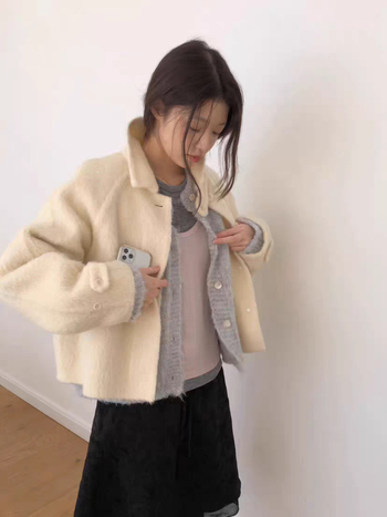 Дамско вълнено палто, корейски стил, ла-пел, едноредово закопчаване, средна дължина, солиден модел