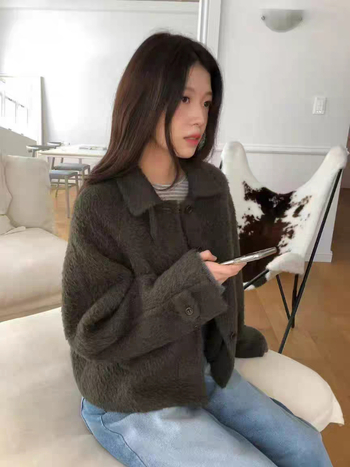 Дамско вълнено палто, корейски стил, ла-пел, едноредово закопчаване, средна дължина, солиден модел