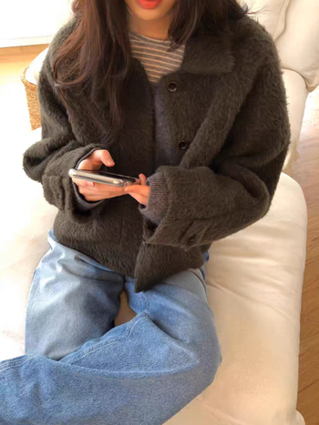 Дамско вълнено палто, корейски стил, ла-пел, едноредово закопчаване, средна дължина, солиден модел