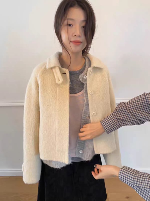 Дамско вълнено палто, корейски стил, ла-пел, едноредово закопчаване, средна дължина, солиден модел