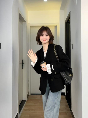 Palton reversibil din lână pentru femei, lungime scurtă, decolteu în V, croială lejeră, 95%+ lână, toamna 2024