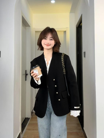 Palton reversibil din lână pentru femei, lungime scurtă, decolteu în V, croială lejeră, 95%+ lână, toamna 2024