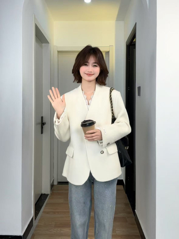 Palton reversibil din lână pentru femei, lungime scurtă, decolteu în V, croială lejeră, 95%+ lână, toamna 2024