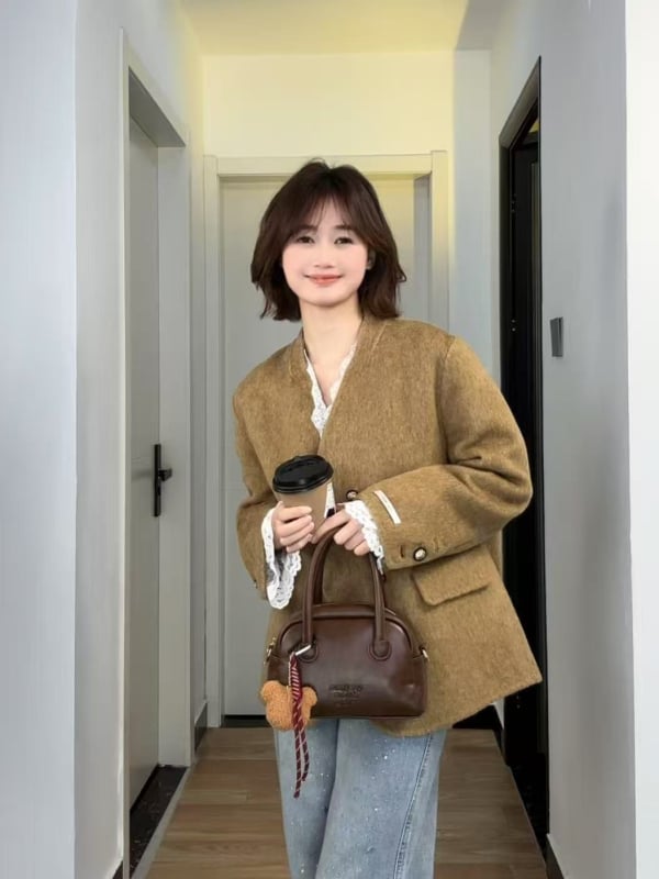 Palton reversibil din lână pentru femei, lungime scurtă, decolteu în V, croială lejeră, 95%+ lână, toamna 2024