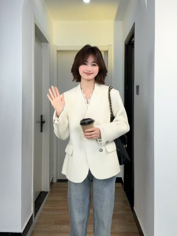 Palton reversibil din lână pentru femei, lungime scurtă, decolteu în V, croială lejeră, 95%+ lână, toamna 2024