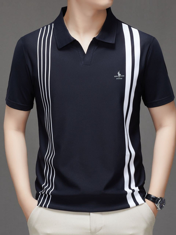 Férfi póló, csíkos, rövid ujjú, laza szabású, légáteresztő poliészter