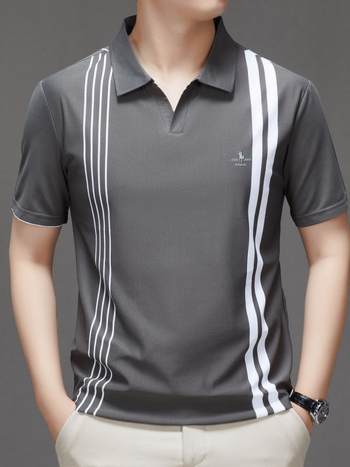 Férfi póló, csíkos, rövid ujjú, laza szabású, légáteresztő poliészter