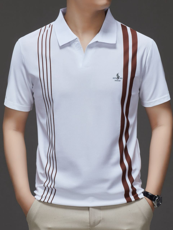 Férfi póló, csíkos, rövid ujjú, laza szabású, légáteresztő poliészter