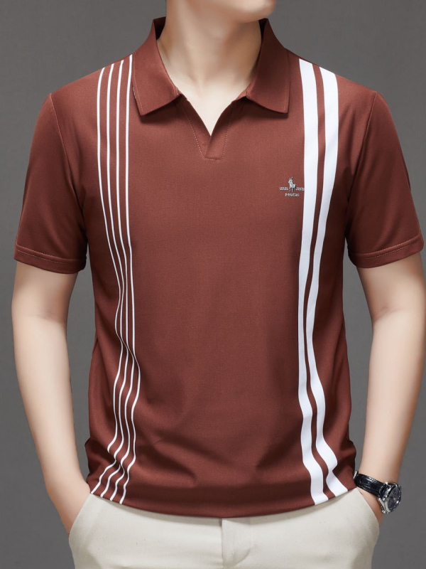 Férfi póló, csíkos, rövid ujjú, laza szabású, légáteresztő poliészter