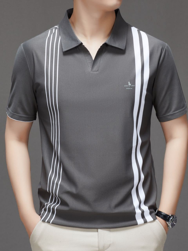 Férfi póló, csíkos, rövid ujjú, laza szabású, légáteresztő poliészter