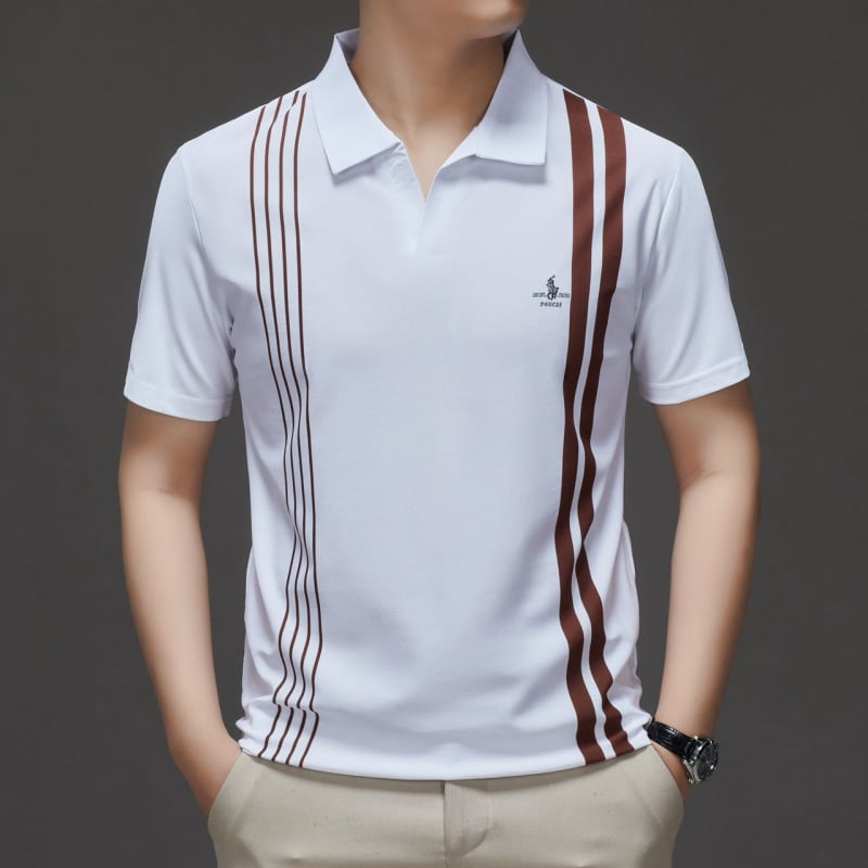 Férfi póló, csíkos, rövid ujjú, laza szabású, légáteresztő poliészter