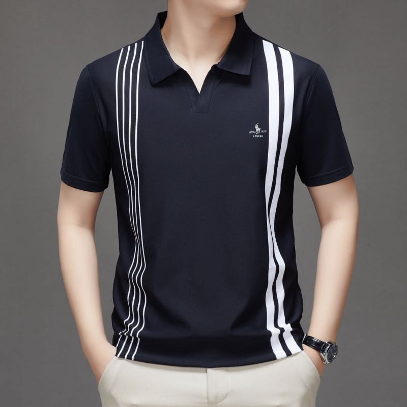 Férfi póló, csíkos, rövid ujjú, laza szabású, légáteresztő poliészter