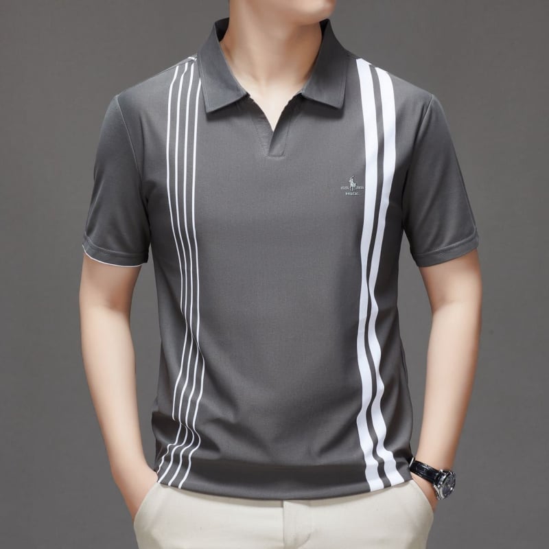 Férfi póló, csíkos, rövid ujjú, laza szabású, légáteresztő poliészter