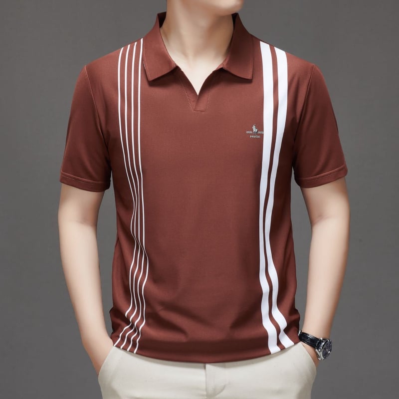 Férfi póló, csíkos, rövid ujjú, laza szabású, légáteresztő poliészter