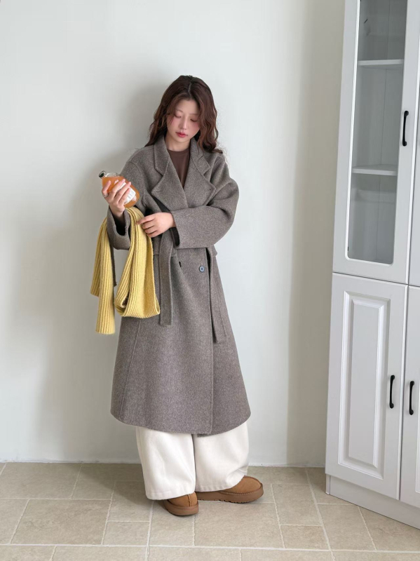 Palton de femei din lână, reversibil, cusut manual, siluetă în stil coreean, lungime medie, nasturi dubli