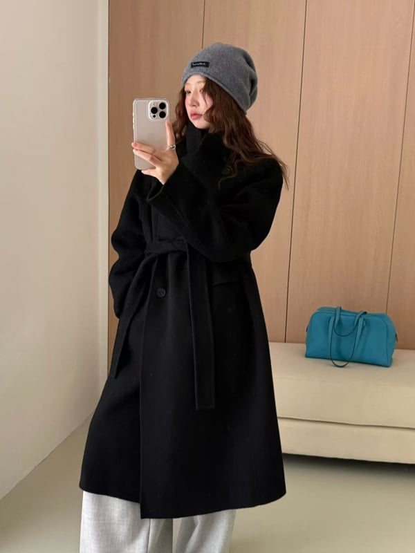 Palton de femei din lână, reversibil, cusut manual, siluetă în stil coreean, lungime medie, nasturi dubli