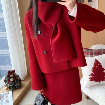 Set palton și fustă din lână amestec cu două fețe, guler cu eșarfă, stil elegant pentru mers la serviciu, iarna 2025