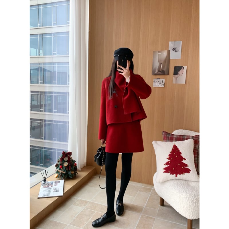 Set palton și fustă din lână amestec cu două fețe, guler cu eșarfă, stil elegant pentru mers la serviciu, iarna 2025