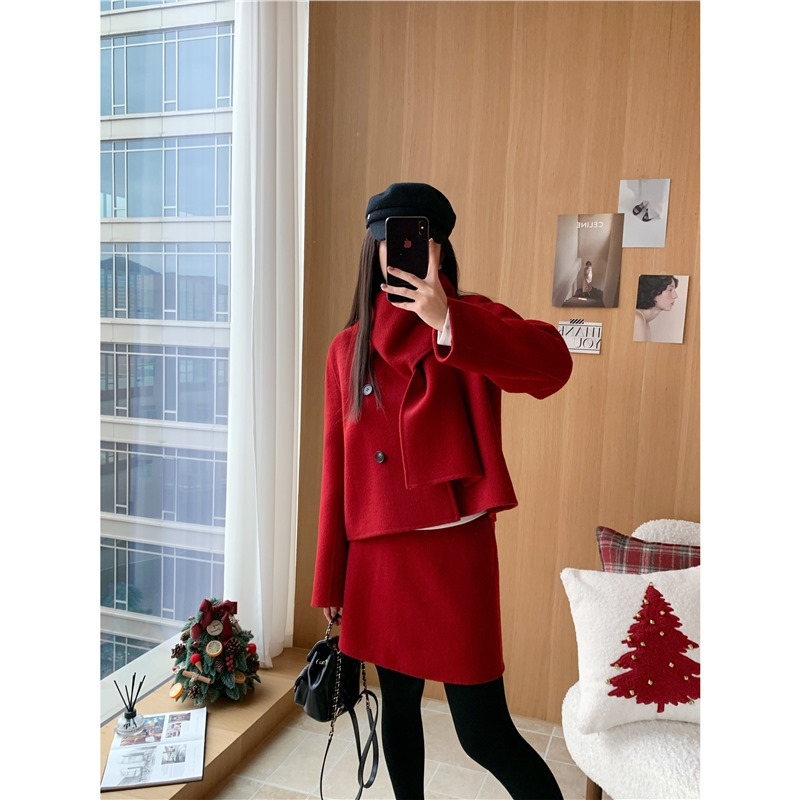 Set palton și fustă din lână amestec cu două fețe, guler cu eșarfă, stil elegant pentru mers la serviciu, iarna 2025