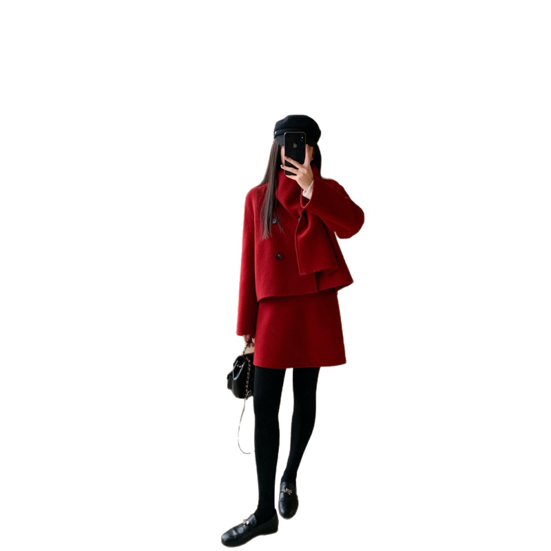 Set palton și fustă din lână amestec cu două fețe, guler cu eșarfă, stil elegant pentru mers la serviciu, iarna 2025