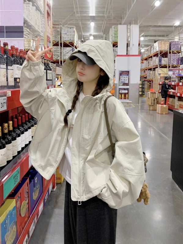 Дамско късо палто с качулка, цип, свободна кройка, средна дължина, нейлон и 50–70% полиестер