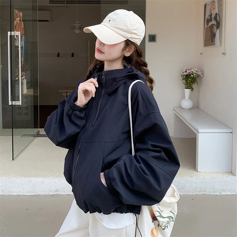 Дамско късо палто с качулка, цип, свободна кройка, средна дължина, нейлон и 50–70% полиестер