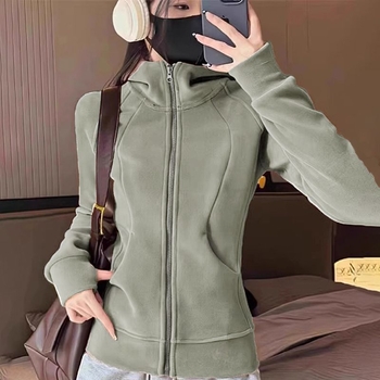 Дамско качулково двустранно поларено късо яке, слим кройка, цип, висока яка, полиестер