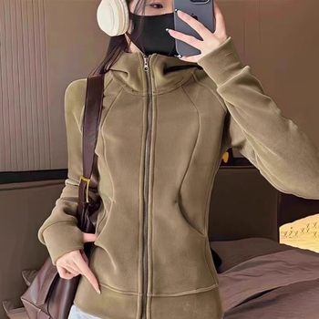 Дамско качулково двустранно поларено късо яке, слим кройка, цип, висока яка, полиестер