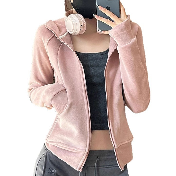 Дамско качулково двустранно поларено късо яке, слим кройка, цип, висока яка, полиестер