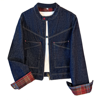 Деним яке за жене с кръгла яка, къс модел, дълги ръкави, памук 80–90%, есен 2025, елегантен градски стил