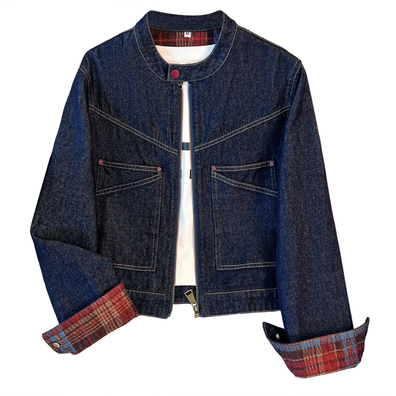 Деним яке за жене с кръгла яка, къс модел, дълги ръкави, памук 80–90%, есен 2025, елегантен градски стил