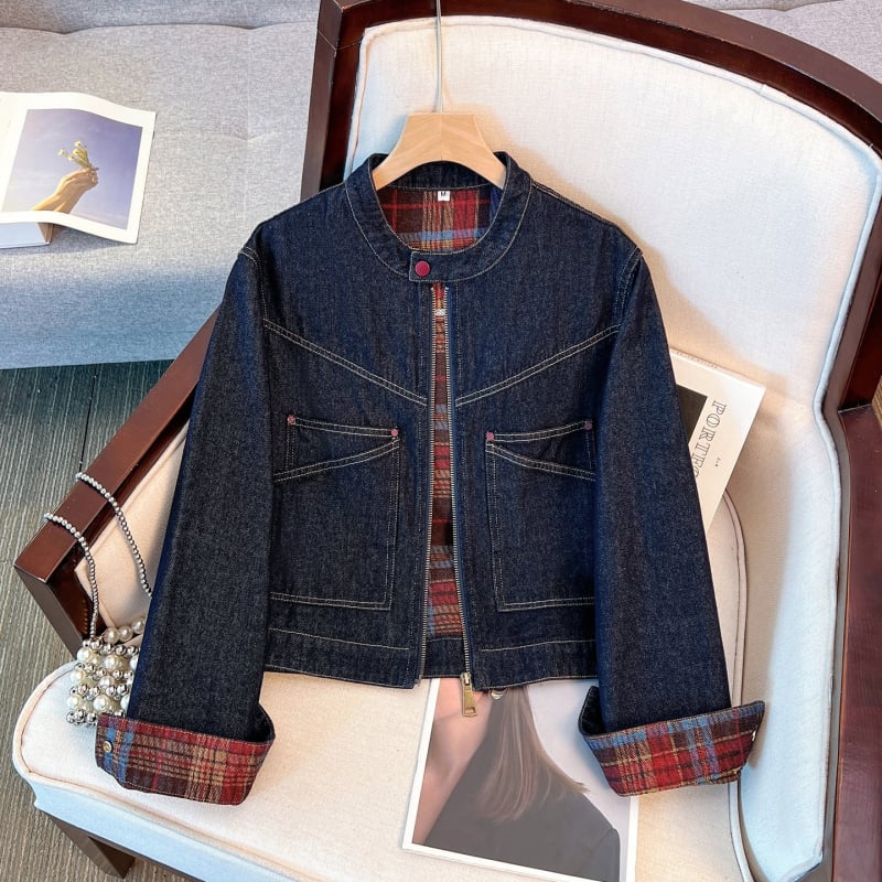 Деним яке за жене с кръгла яка, къс модел, дълги ръкави, памук 80–90%, есен 2025, елегантен градски стил
