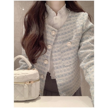 Jachetă exterior Chenille cu model în carouri, croială dreaptă, mâneci lungi, guler polo, nasturi pe un rând