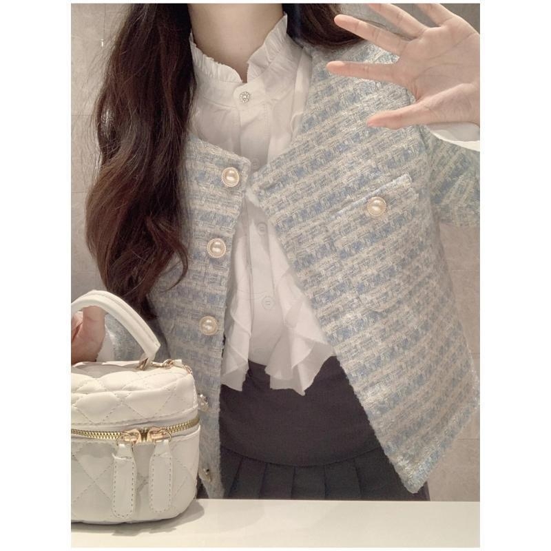 Jachetă exterior Chenille cu model în carouri, croială dreaptă, mâneci lungi, guler polo, nasturi pe un rând