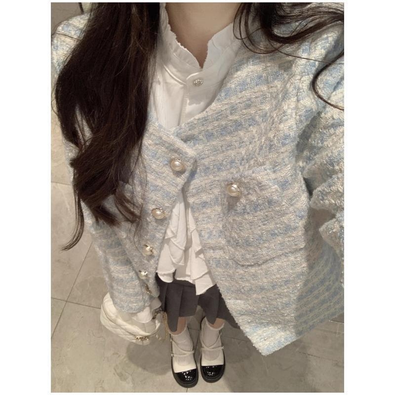 Jachetă exterior Chenille cu model în carouri, croială dreaptă, mâneci lungi, guler polo, nasturi pe un rând