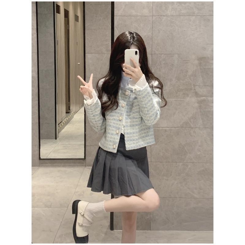 Jachetă exterior Chenille cu model în carouri, croială dreaptă, mâneci lungi, guler polo, nasturi pe un rând