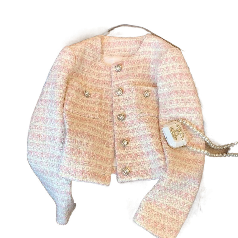 Jachetă exterior Chenille cu model în carouri, croială dreaptă, mâneci lungi, guler polo, nasturi pe un rând