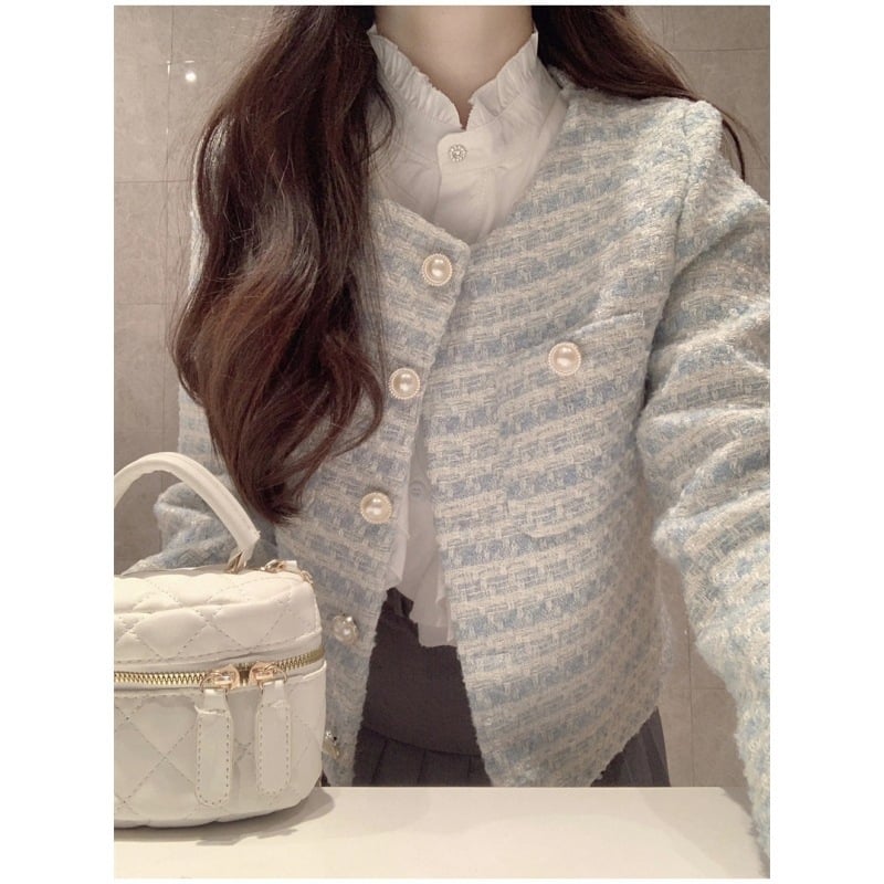 Jachetă exterior Chenille cu model în carouri, croială dreaptă, mâneci lungi, guler polo, nasturi pe un rând