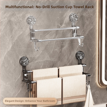 Raft pentru prosoape de baie cu ventuză, braț dublu cu cârlig, montaj pe perete; materiale: plastic și oțel inoxidabil