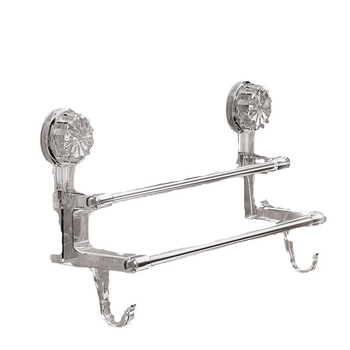 Raft pentru prosoape de baie cu ventuză, braț dublu cu cârlig, montaj pe perete; materiale: plastic și oțel inoxidabil