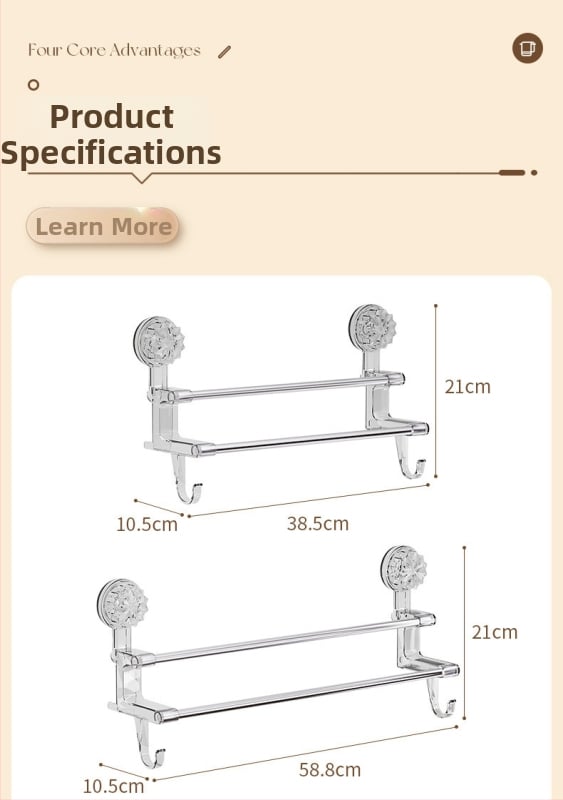 Raft pentru prosoape de baie cu ventuză, braț dublu cu cârlig, montaj pe perete; materiale: plastic și oțel inoxidabil