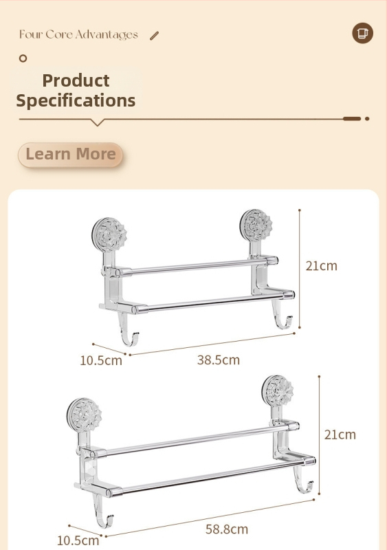 Raft pentru prosoape de baie cu ventuză, braț dublu cu cârlig, montaj pe perete; materiale: plastic și oțel inoxidabil