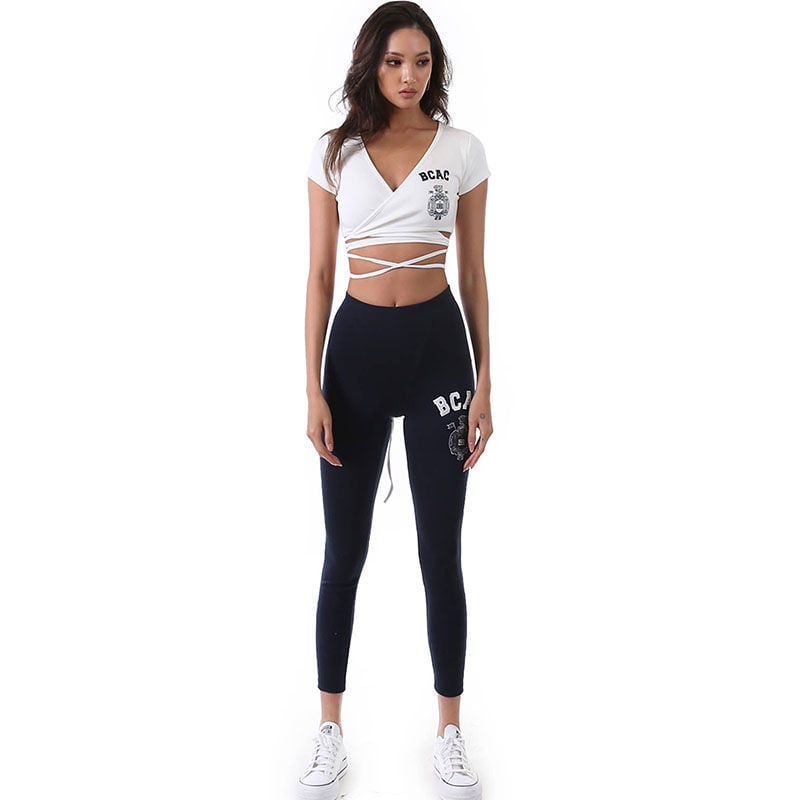 Ženske cropped legice od pamuka, slim fit, otisak s slovima, pogodne za sport, vožnju biciklom i jogu