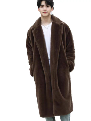 Ανδρικό παλτό από συνθετική γούνα με πέτο, φαρδιά γραμμή, μακρύ πάνω από το γόνατο, πλευρικές τσέπες, χωρίς κούμπωμα, χειμερινό streetwear
